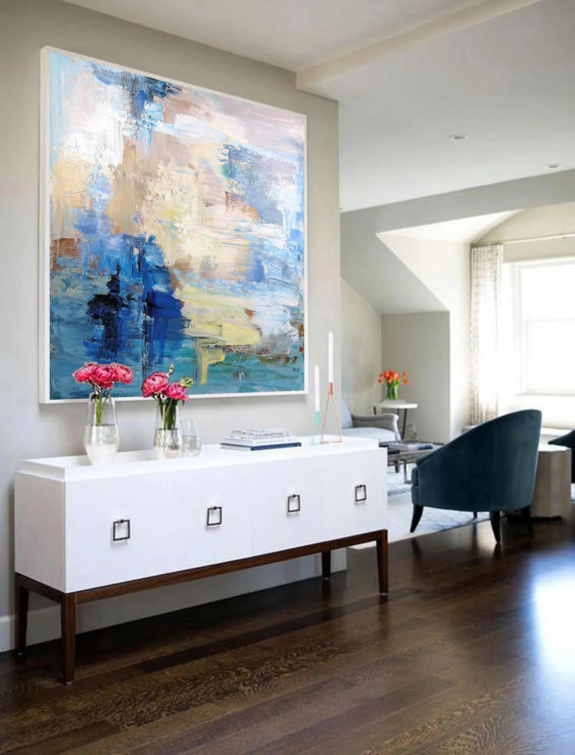 Blue Abstract Oil Painting,Sky Abstract Painting White Abstract Art Painting Bl010