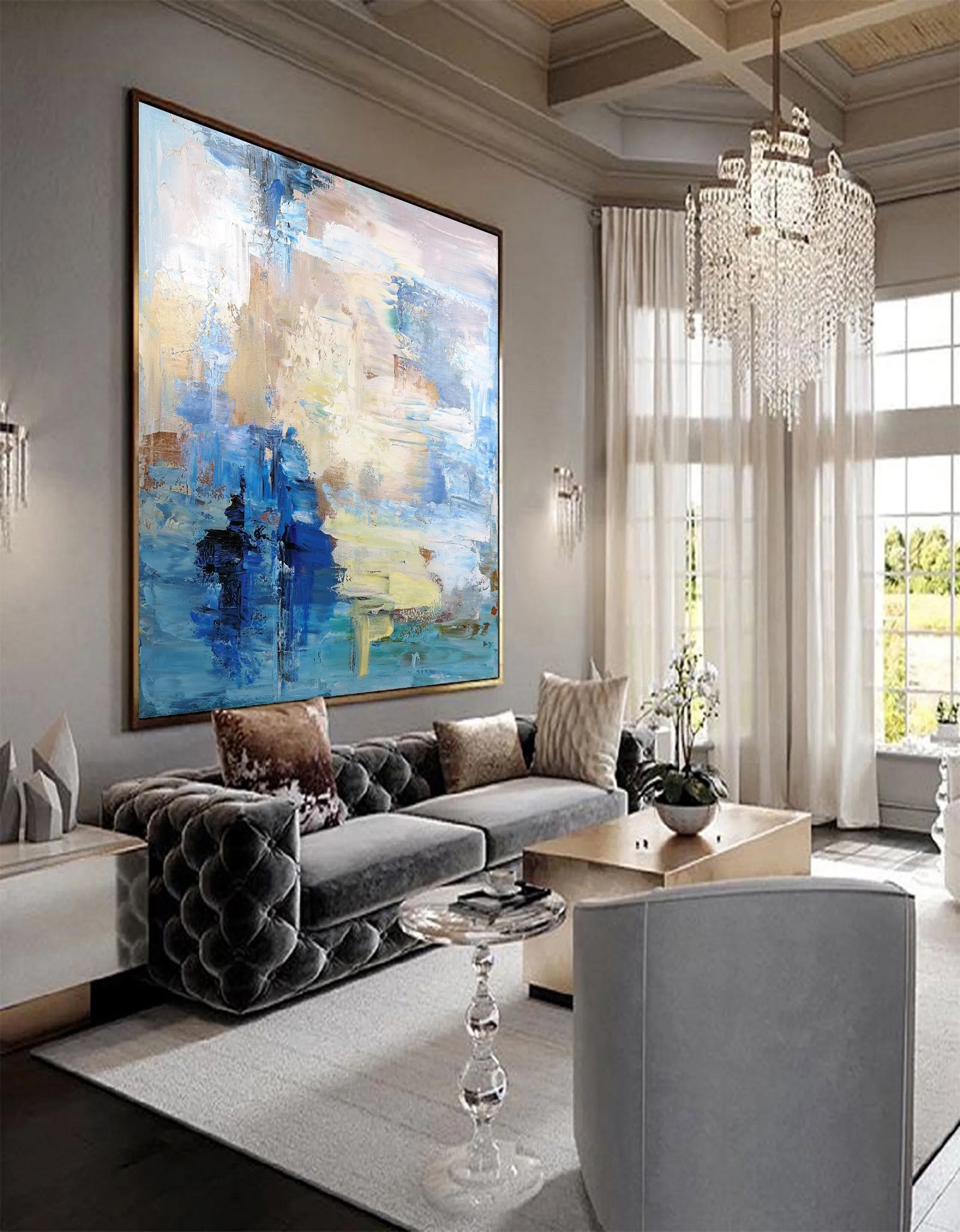 Blue Abstract Oil Painting,Sky Abstract Painting White Abstract Art Painting Bl010