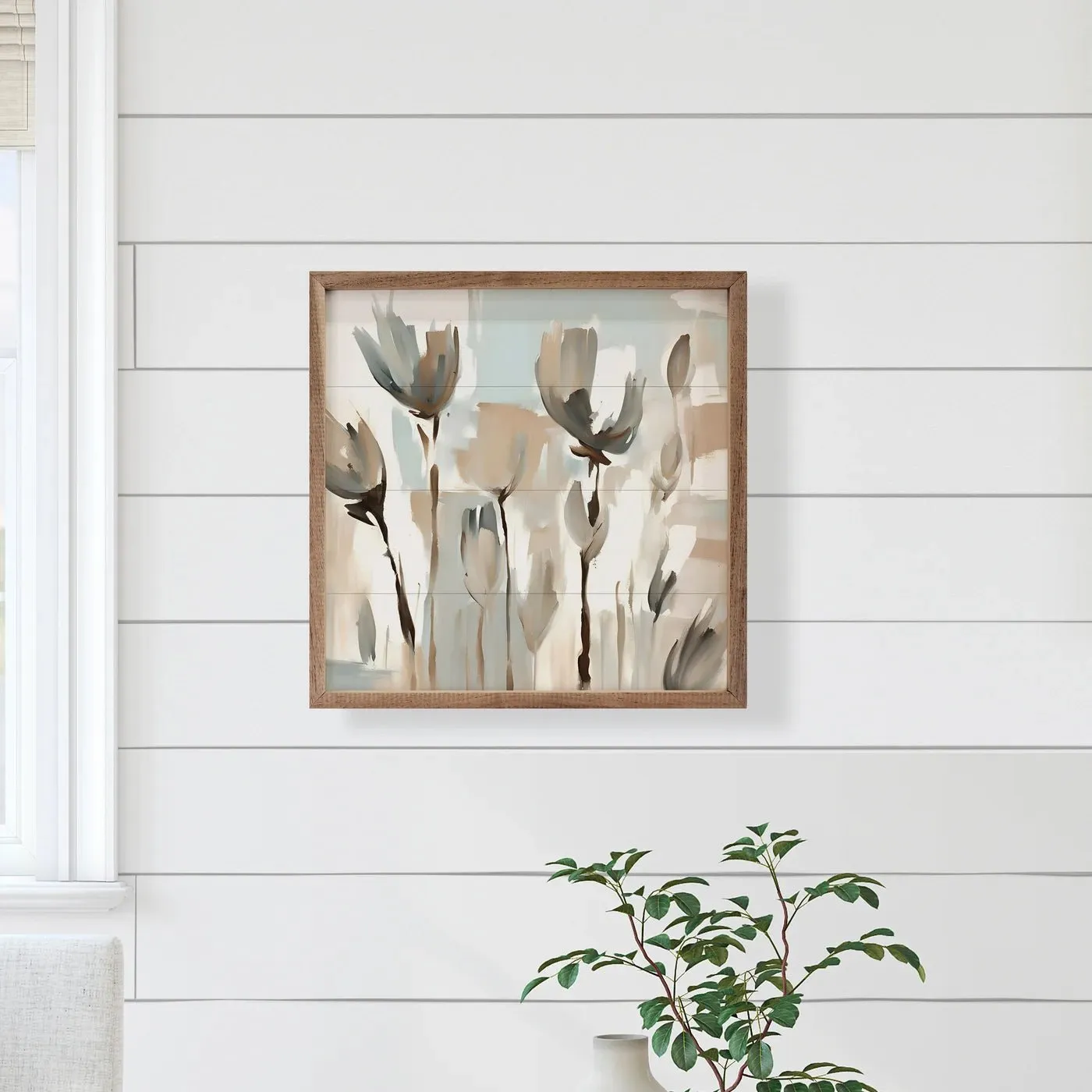 Blue And Tan Tulips Wood Framed Print