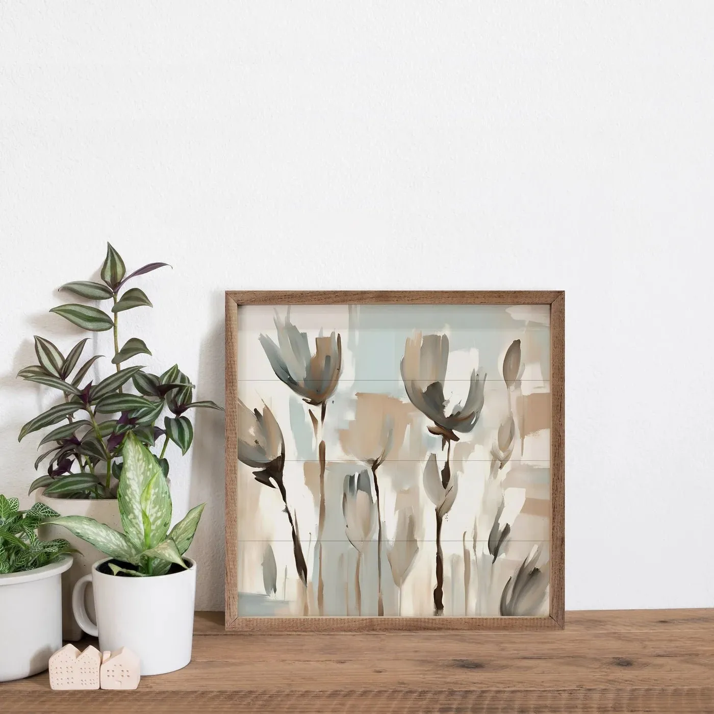 Blue And Tan Tulips Wood Framed Print