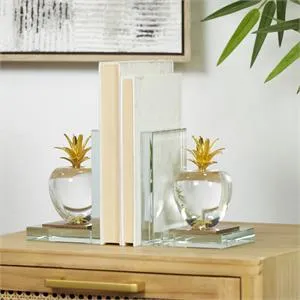 Clear Crystal Fruit Apple Bookends with Gold Leaves Set of 2 4"W x  6"H