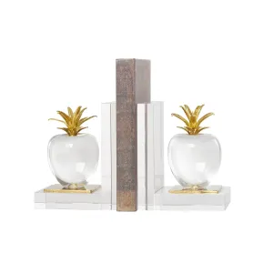 Clear Crystal Fruit Apple Bookends with Gold Leaves Set of 2 4"W x  6"H