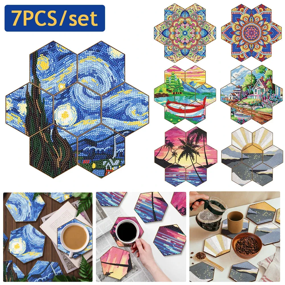 DIY Diamond Art Coasters, 7 Piece Set With Holder, Mandala Honeycomb Design