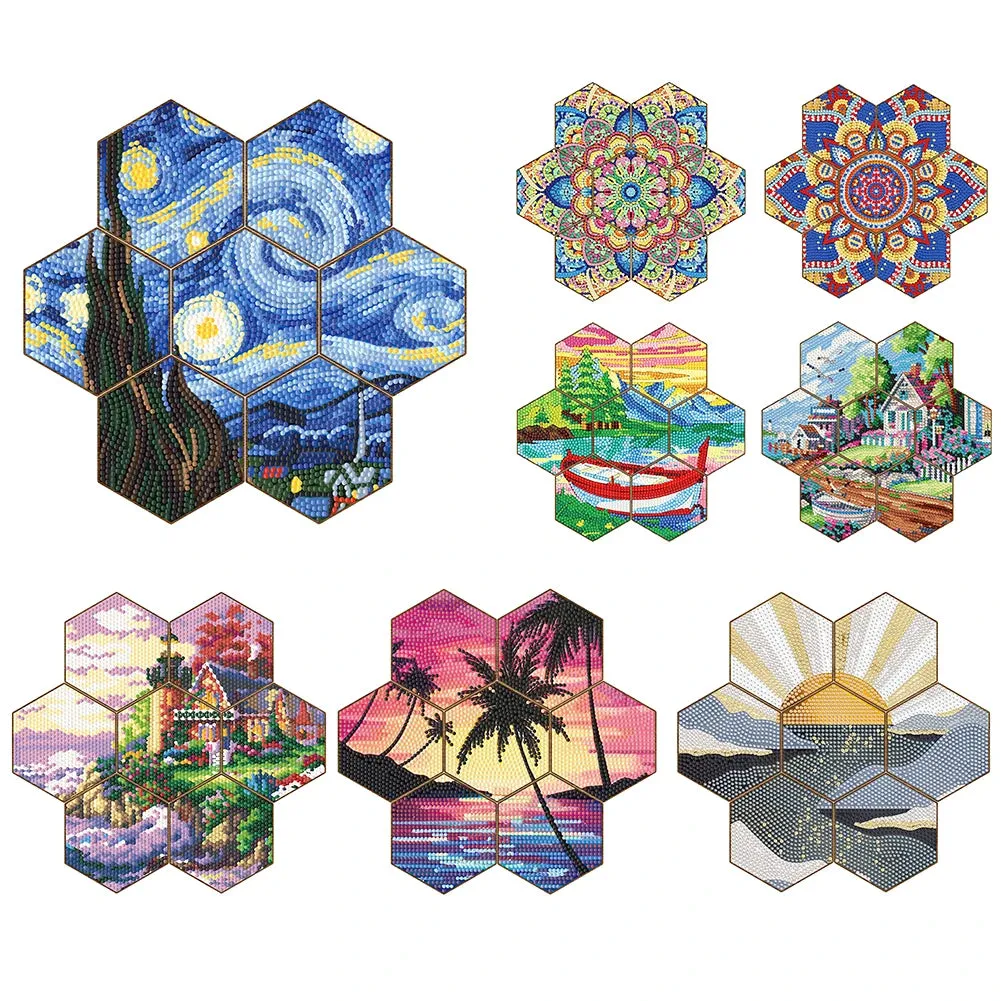DIY Diamond Art Coasters, 7 Piece Set With Holder, Mandala Honeycomb Design