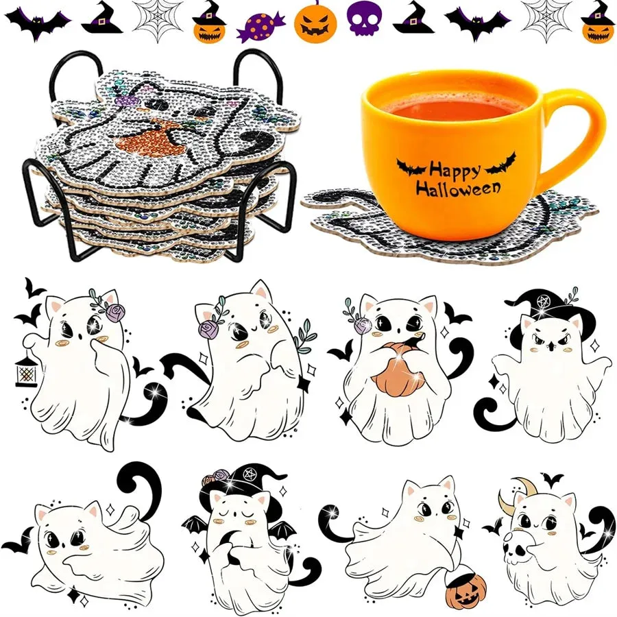DIY Diamond Art Coasters, 8 Piece Set With Holder, Spooky Kitty