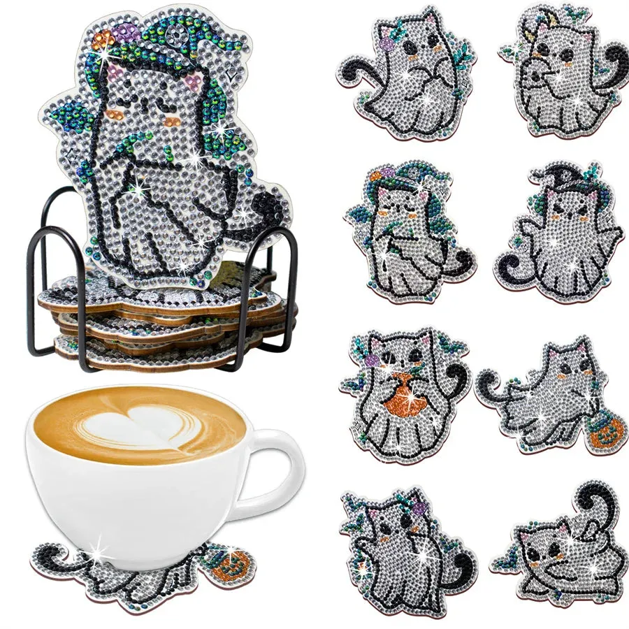 DIY Diamond Art Coasters, 8 Piece Set With Holder, Spooky Kitty