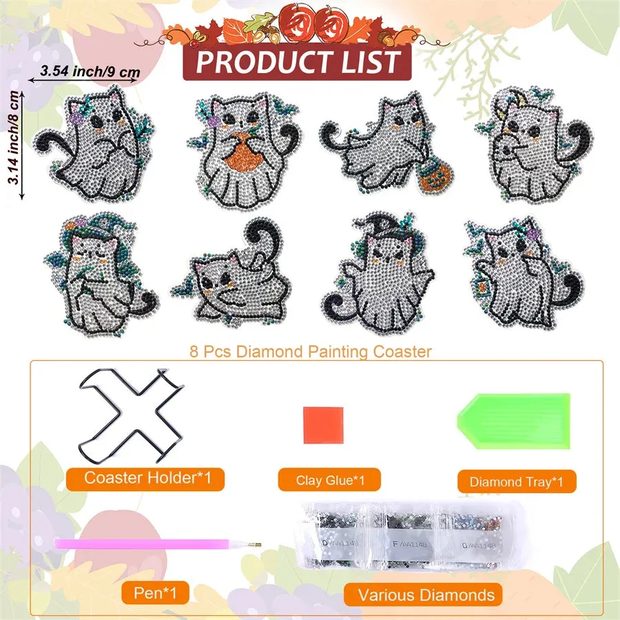 DIY Diamond Art Coasters, 8 Piece Set With Holder, Spooky Kitty