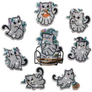 DIY Diamond Art Coasters, 8 Piece Set With Holder, Spooky Kitty