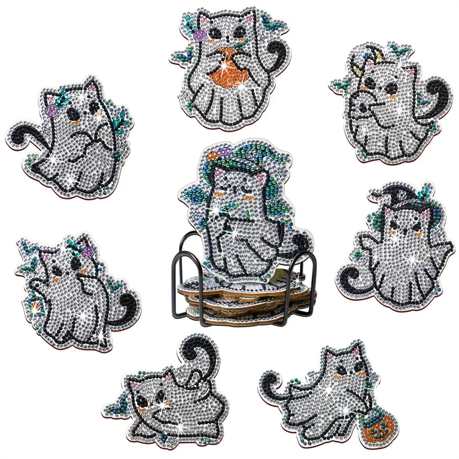 DIY Diamond Art Coasters, 8 Piece Set With Holder, Spooky Kitty