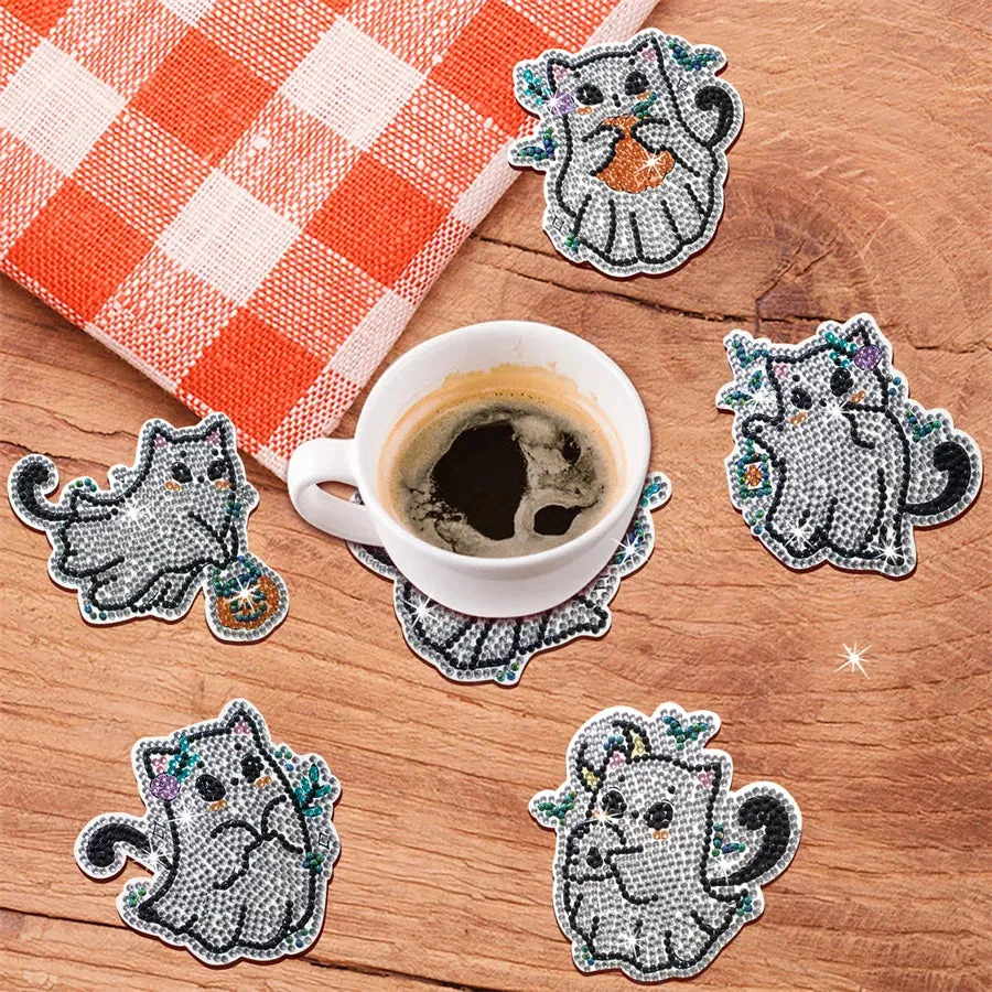 DIY Diamond Art Coasters, 8 Piece Set With Holder, Spooky Kitty