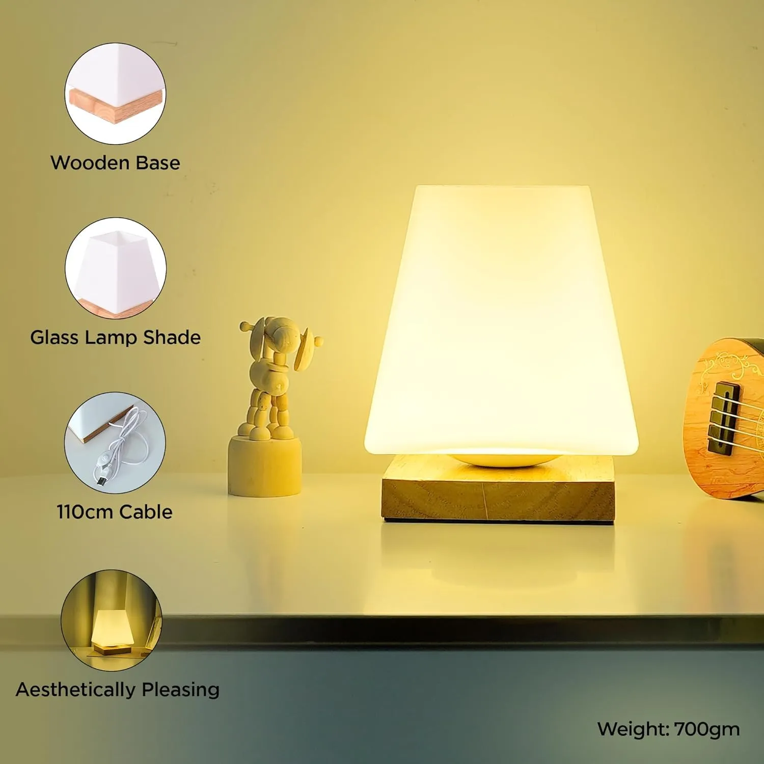 Ekhasa Wooden Dimmable Bedside Lamp | Table Lamps for Home Decoration with Diffused Glass Shade | Side Table Lamp for Living Room | Bed Side Lamp for Bedroom | Aesthetic Night Bed Lamps for Bedroom