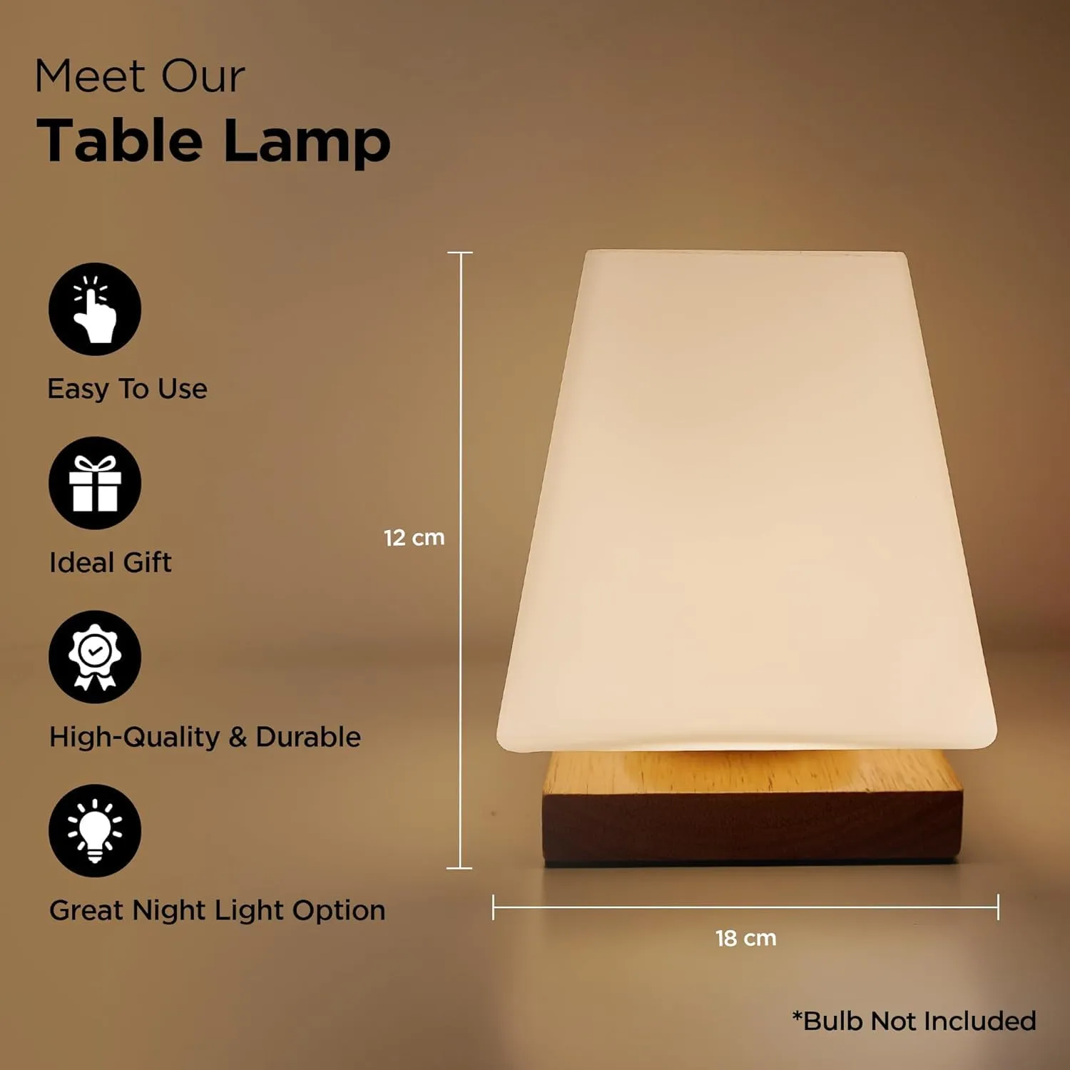 Ekhasa Wooden Dimmable Bedside Lamp | Table Lamps for Home Decoration with Diffused Glass Shade | Side Table Lamp for Living Room | Bed Side Lamp for Bedroom | Aesthetic Night Bed Lamps for Bedroom