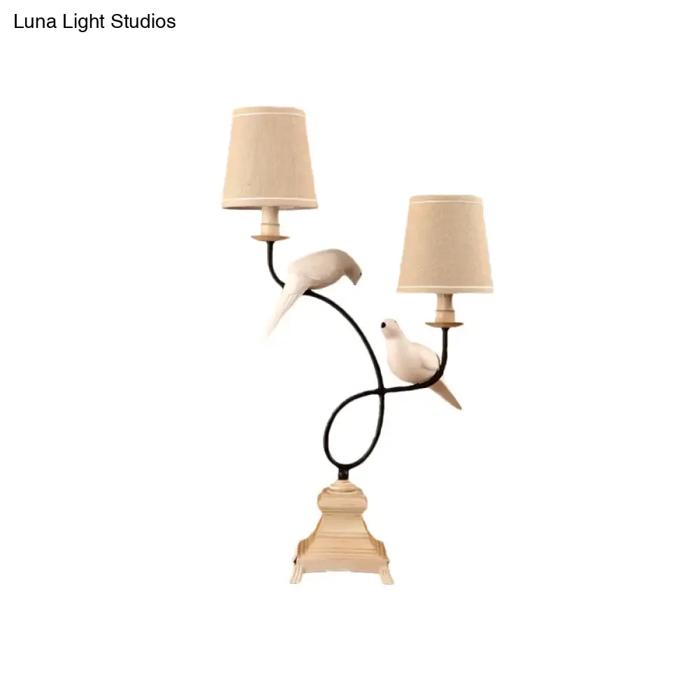 Elena - Modern Fabric Barrel Shade Table Light Modern 2 Bulbs Flaxen Reading Lamp with Pigeons Deco