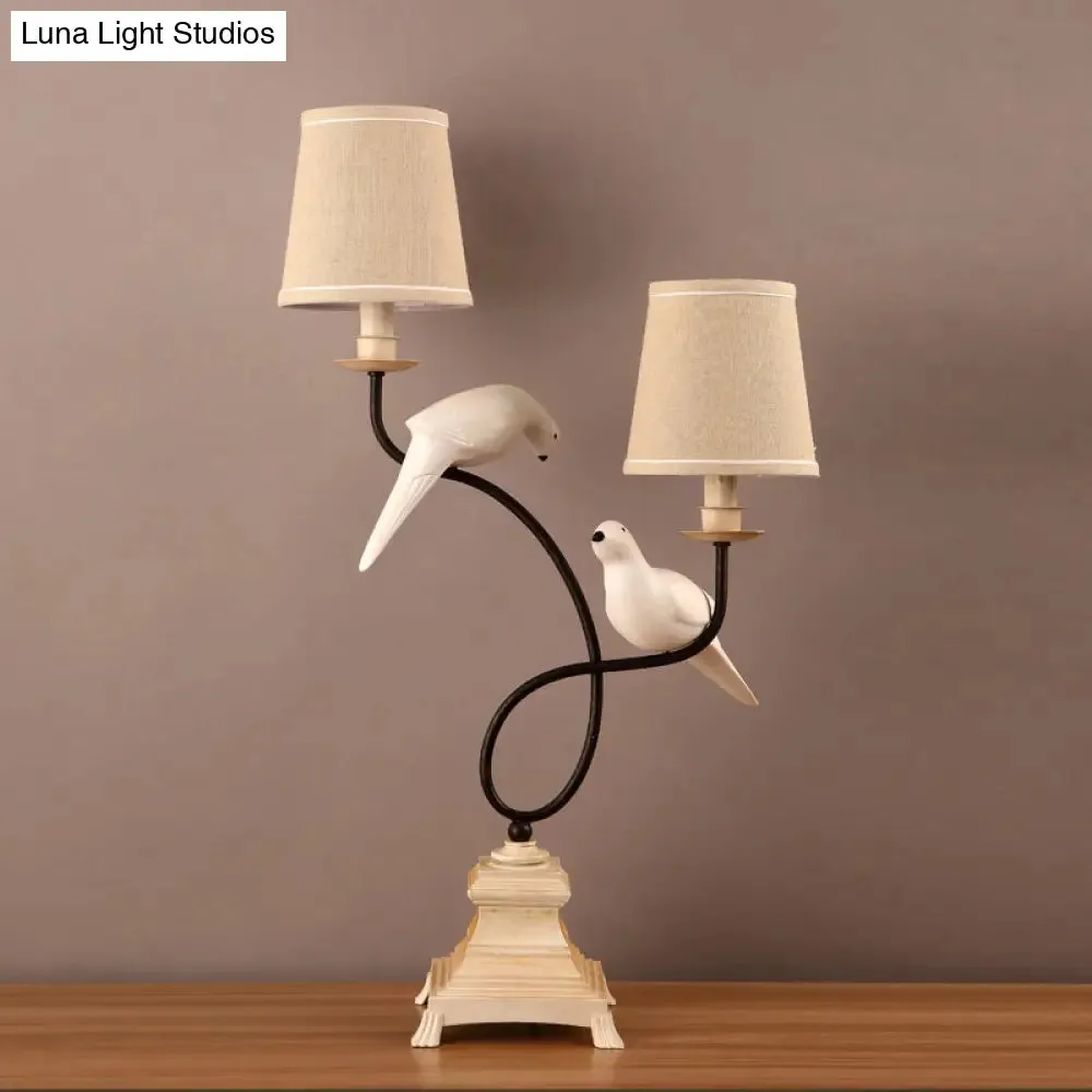 Elena - Modern Fabric Barrel Shade Table Light Modern 2 Bulbs Flaxen Reading Lamp with Pigeons Deco