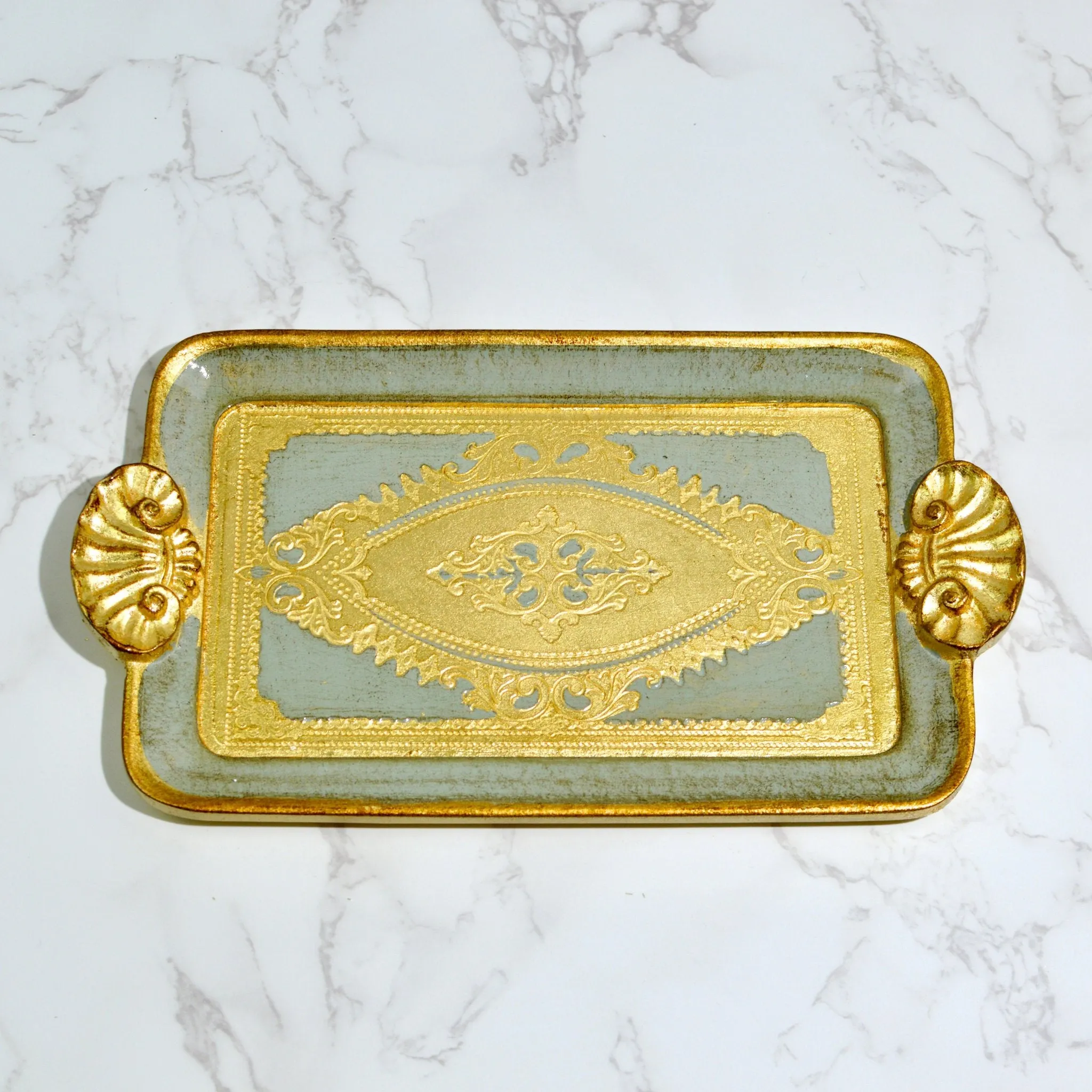 Florentine Carved Wood Rectangle Mini Tray with Shell Handles, Made in Italy
