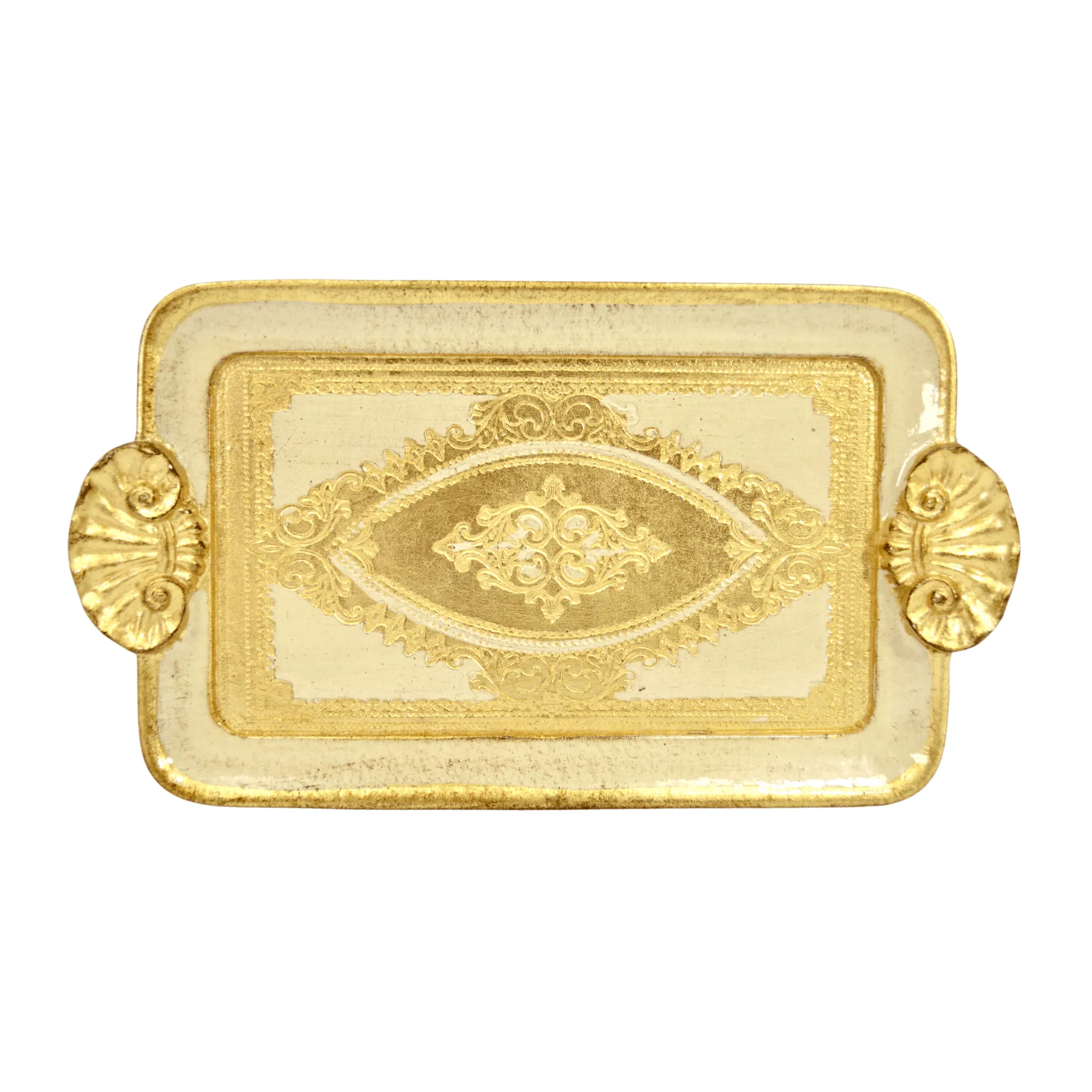Florentine Carved Wood Rectangle Mini Tray with Shell Handles, Made in Italy