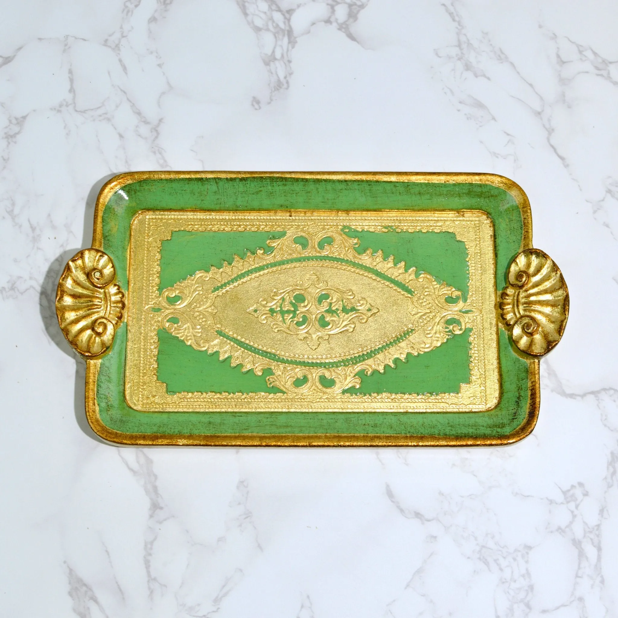 Florentine Carved Wood Rectangle Mini Tray with Shell Handles, Made in Italy