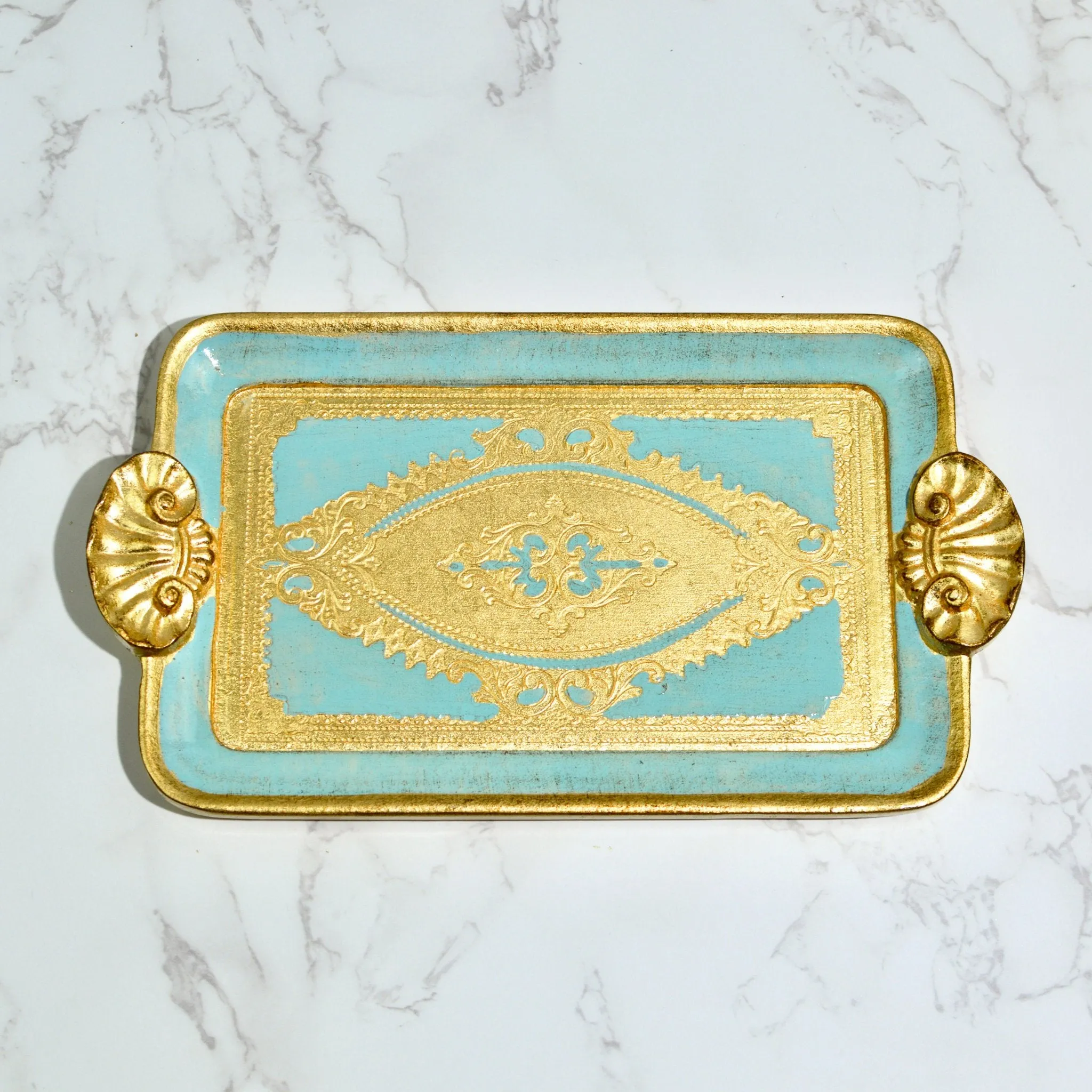 Florentine Carved Wood Rectangle Mini Tray with Shell Handles, Made in Italy