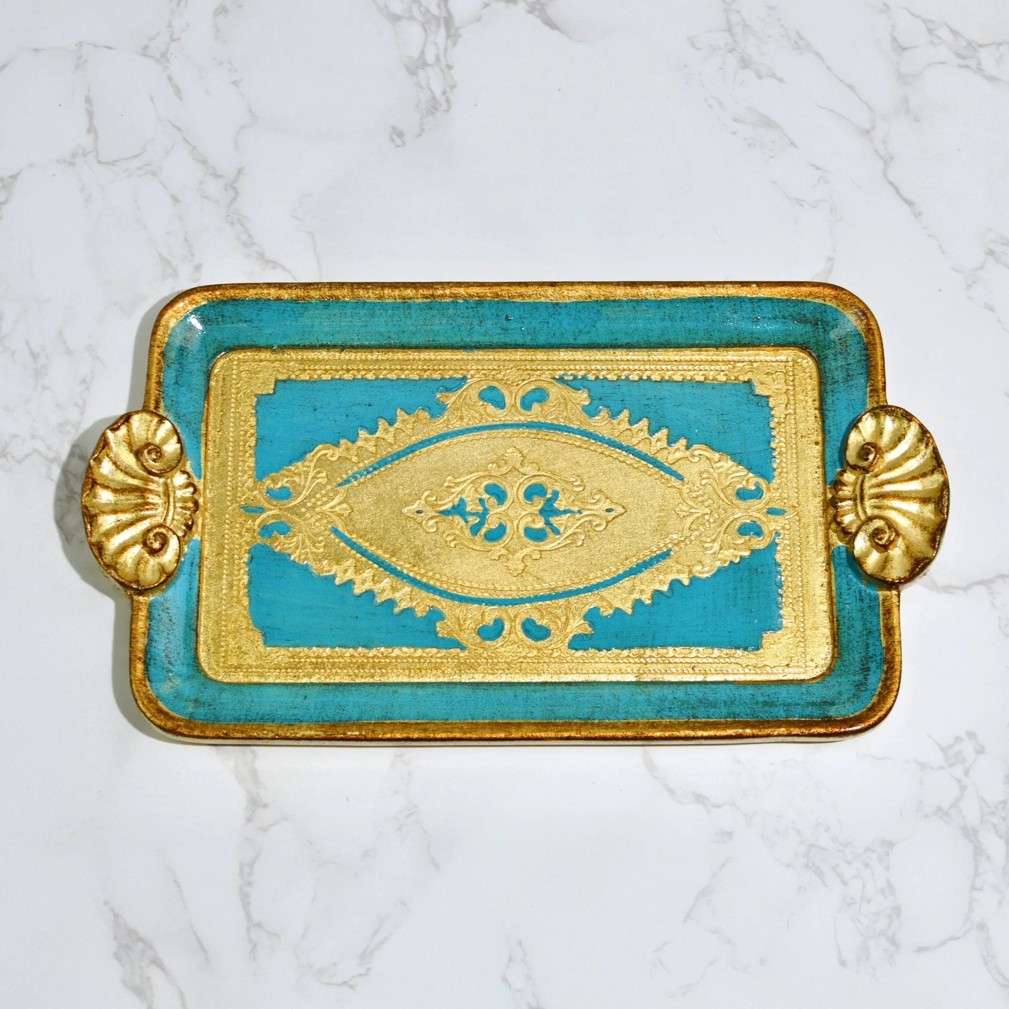 Florentine Carved Wood Rectangle Mini Tray with Shell Handles, Made in Italy