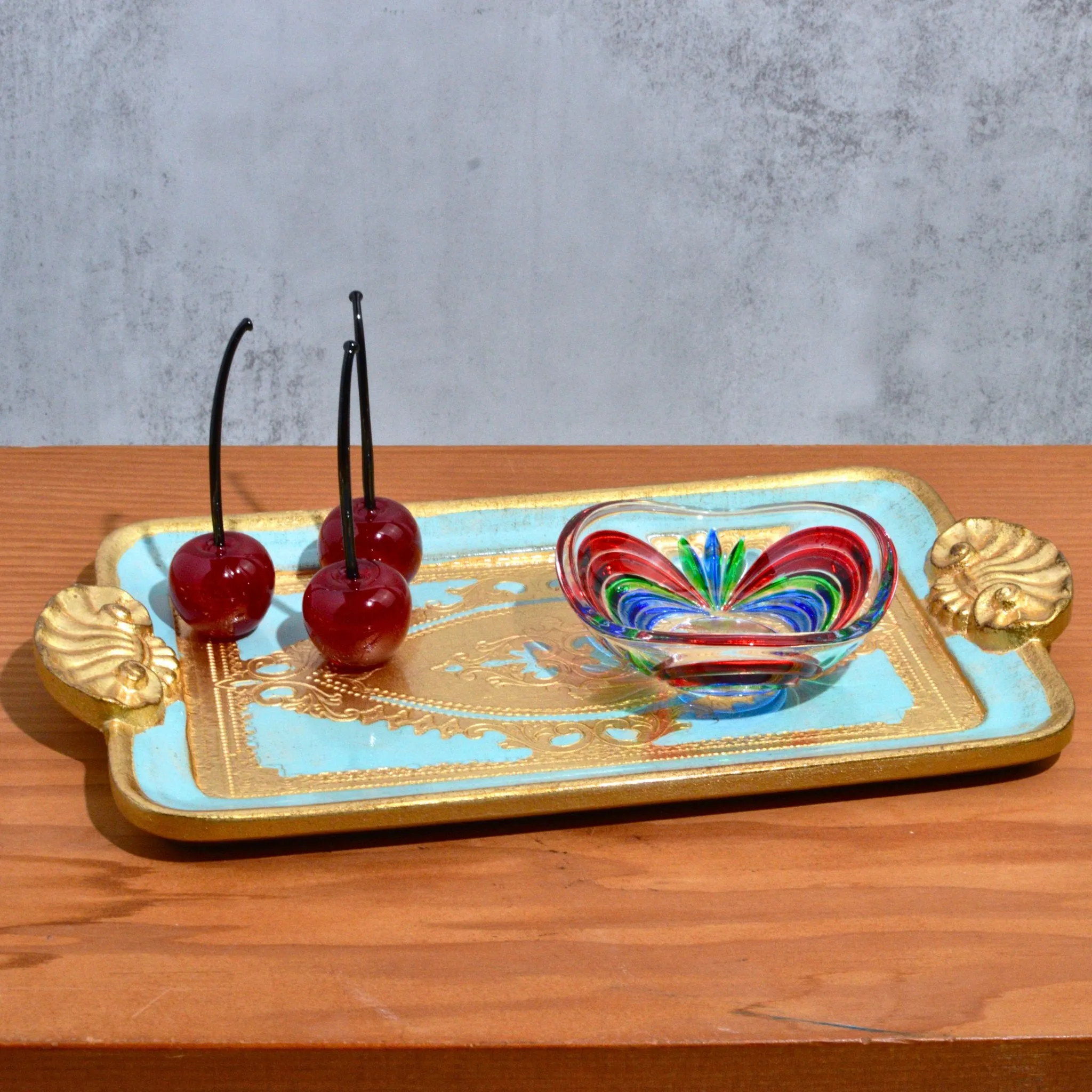 Florentine Carved Wood Rectangle Mini Tray with Shell Handles, Made in Italy
