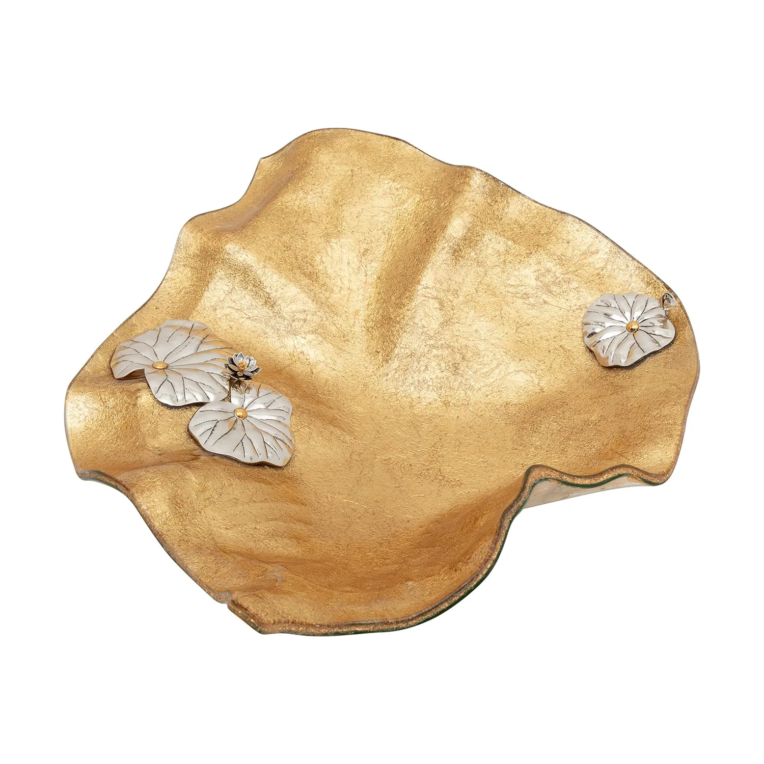 Gold leaf Glass Bowl with Silver Lotus Flowers and leaves