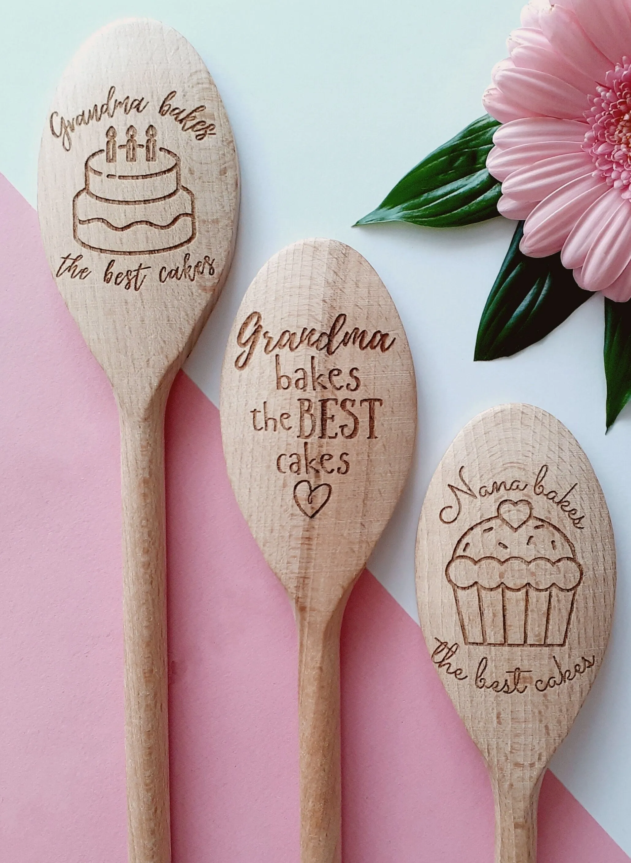 Grandma, Nana, Nanny, Granny, Gran, Mum, Dad, Bakes the best cakes Personalised Wooden Spoons, Cake Baking, Birthday Gift, Present Cooking