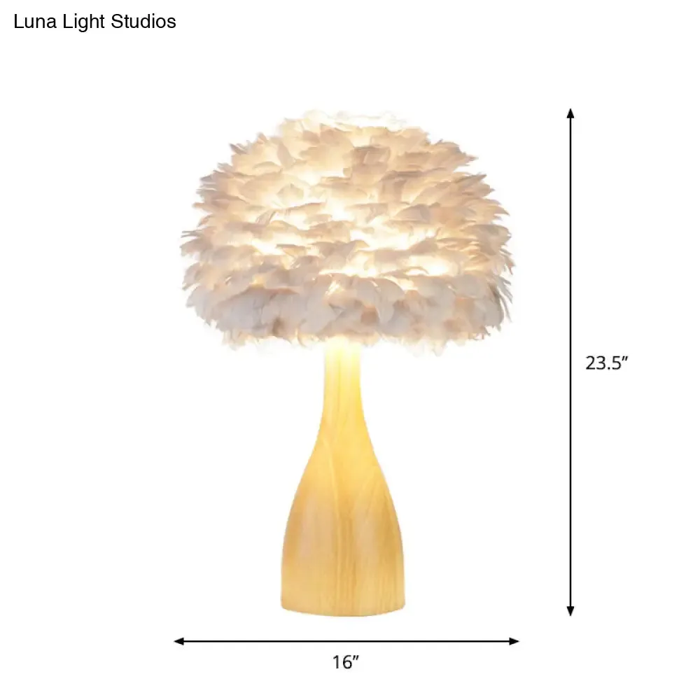 Haedus - Feather Rounded Study Room Night Table Lamp Feather 1-Head Minimalist Desk Light with Bottle Wood Base in White