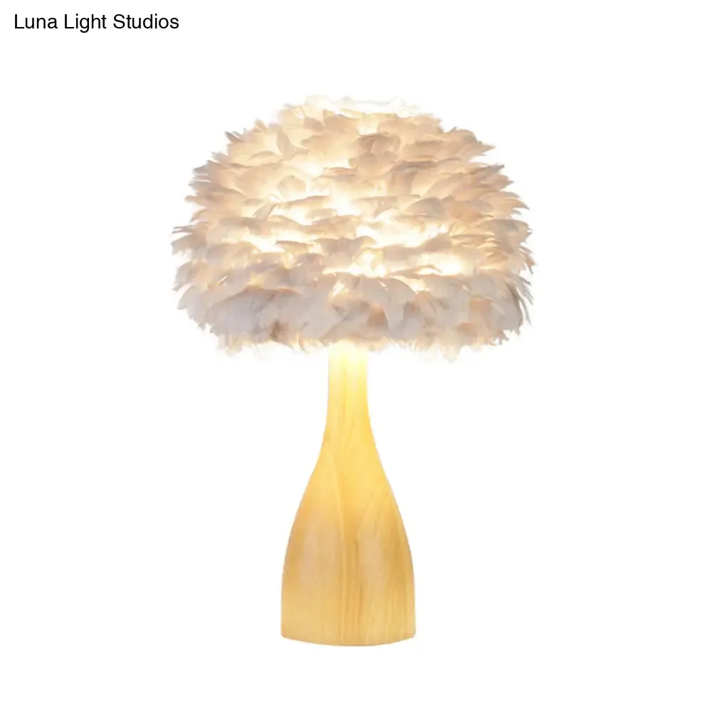 Haedus - Feather Rounded Study Room Night Table Lamp Feather 1-Head Minimalist Desk Light with Bottle Wood Base in White