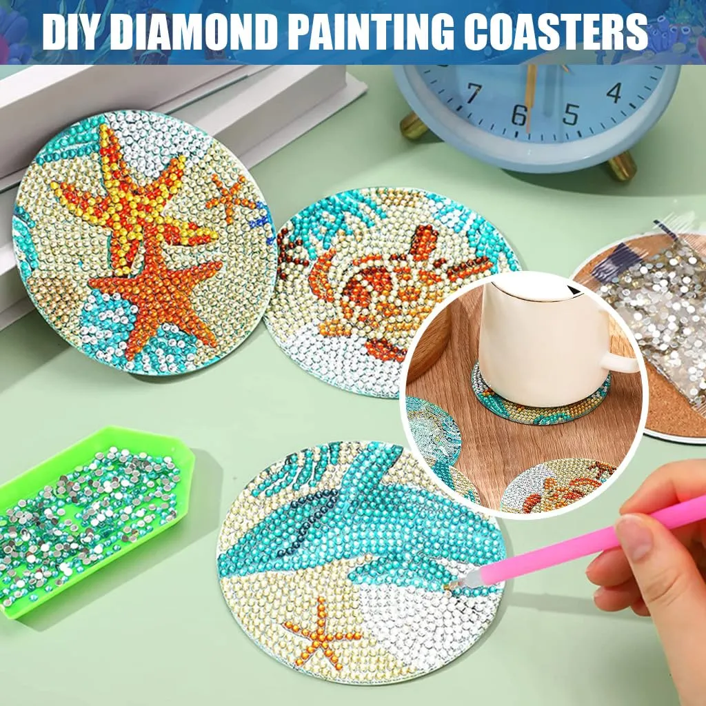 HASTHIP 8 Pcs Diamond Painting Coasters Kits, Exquisite Diamond Painting Coasters With Holder, Diy Diamond Art Coasters And Crafts For Adults Kids, Style B, Acrylic