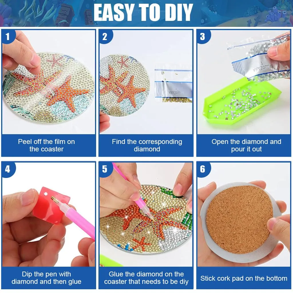 HASTHIP 8 Pcs Diamond Painting Coasters Kits, Exquisite Diamond Painting Coasters With Holder, Diy Diamond Art Coasters And Crafts For Adults Kids, Style B, Acrylic