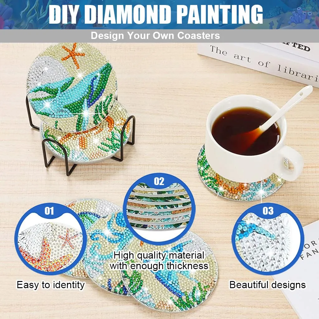 HASTHIP 8 Pcs Diamond Painting Coasters Kits, Exquisite Diamond Painting Coasters With Holder, Diy Diamond Art Coasters And Crafts For Adults Kids, Style B, Acrylic