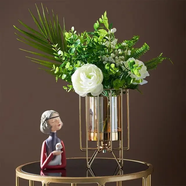 Home Trends India Metal Geometric Designer Gold Pillar Flower Vase with Removable Glass Modern Design for Pot, Gift, Home Decor, Bedroom, Office Corner, Christmas, New Year Décor Item (Gold)