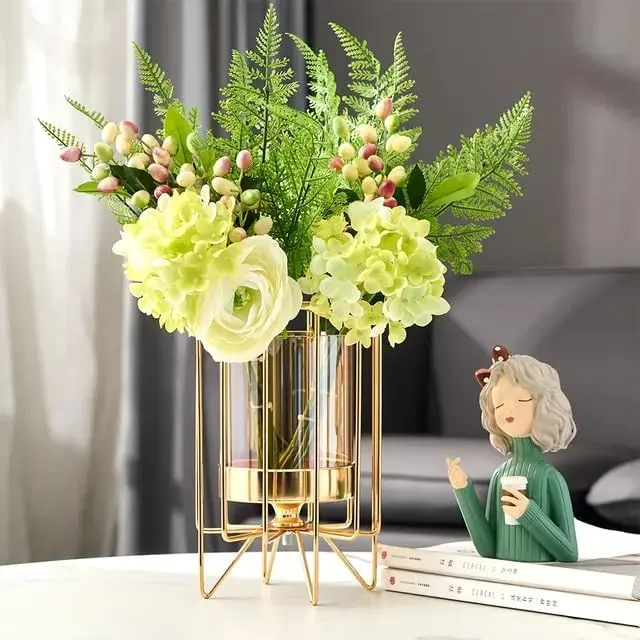 Home Trends India Metal Geometric Designer Gold Pillar Flower Vase with Removable Glass Modern Design for Pot, Gift, Home Decor, Bedroom, Office Corner, Christmas, New Year Décor Item (Gold)