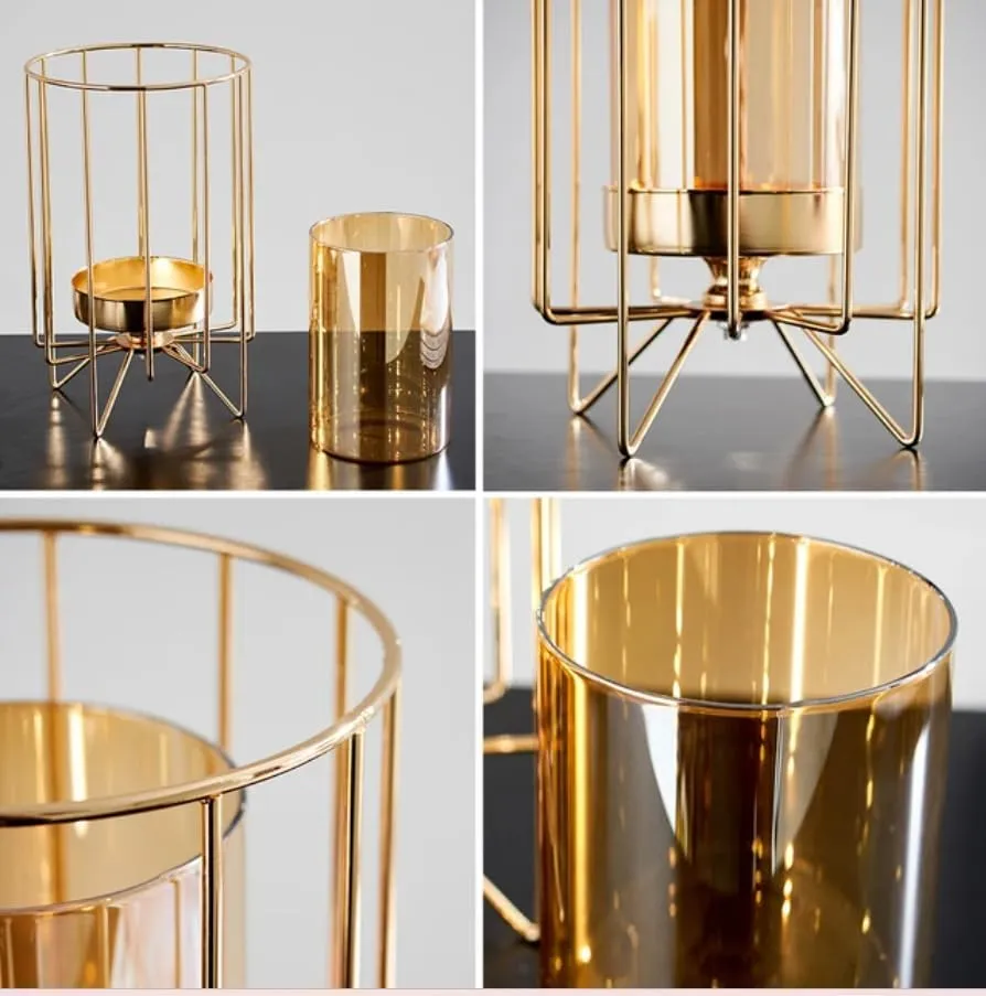 Home Trends India Metal Geometric Designer Gold Pillar Flower Vase with Removable Glass Modern Design for Pot, Gift, Home Decor, Bedroom, Office Corner, Christmas, New Year Décor Item (Gold)