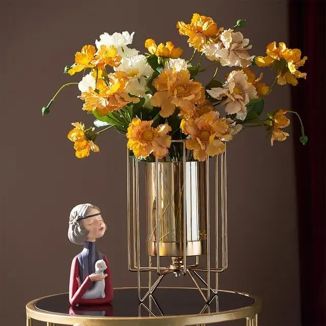 Home Trends India Metal Geometric Designer Gold Pillar Flower Vase with Removable Glass Modern Design for Pot, Gift, Home Decor, Bedroom, Office Corner, Christmas, New Year Décor Item (Gold)
