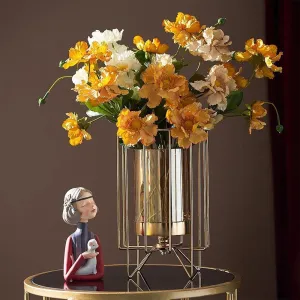 Home Trends India Metal Geometric Designer Gold Pillar Flower Vase with Removable Glass Modern Design for Pot, Gift, Home Decor, Bedroom, Office Corner, Christmas, New Year Décor Item (Gold)