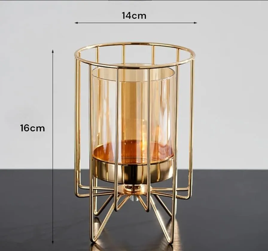 Home Trends India Metal Geometric Designer Gold Pillar Flower Vase with Removable Glass Modern Design for Pot, Gift, Home Decor, Bedroom, Office Corner, Christmas, New Year Décor Item (Gold)