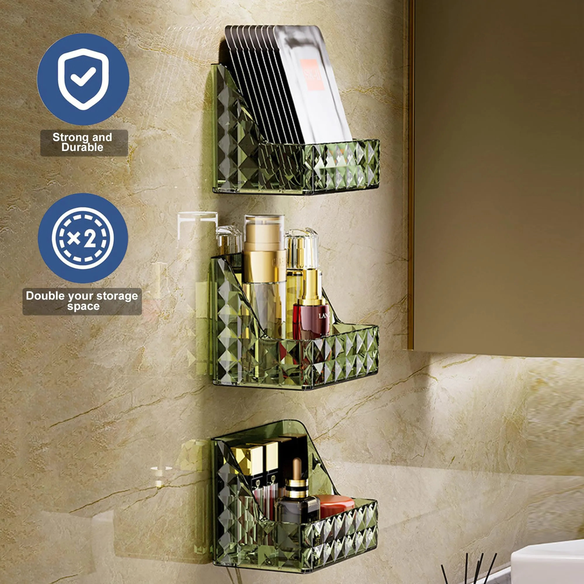 Kuber Industries Pack of 3 Crystal Finish Wall hanging Jewellery Box | Multipurpose Stackable Makeup Organiser | Ideal for Cosmetics, Skincare, Lipsticks, Nail Care| YM.6673D | Dark Green