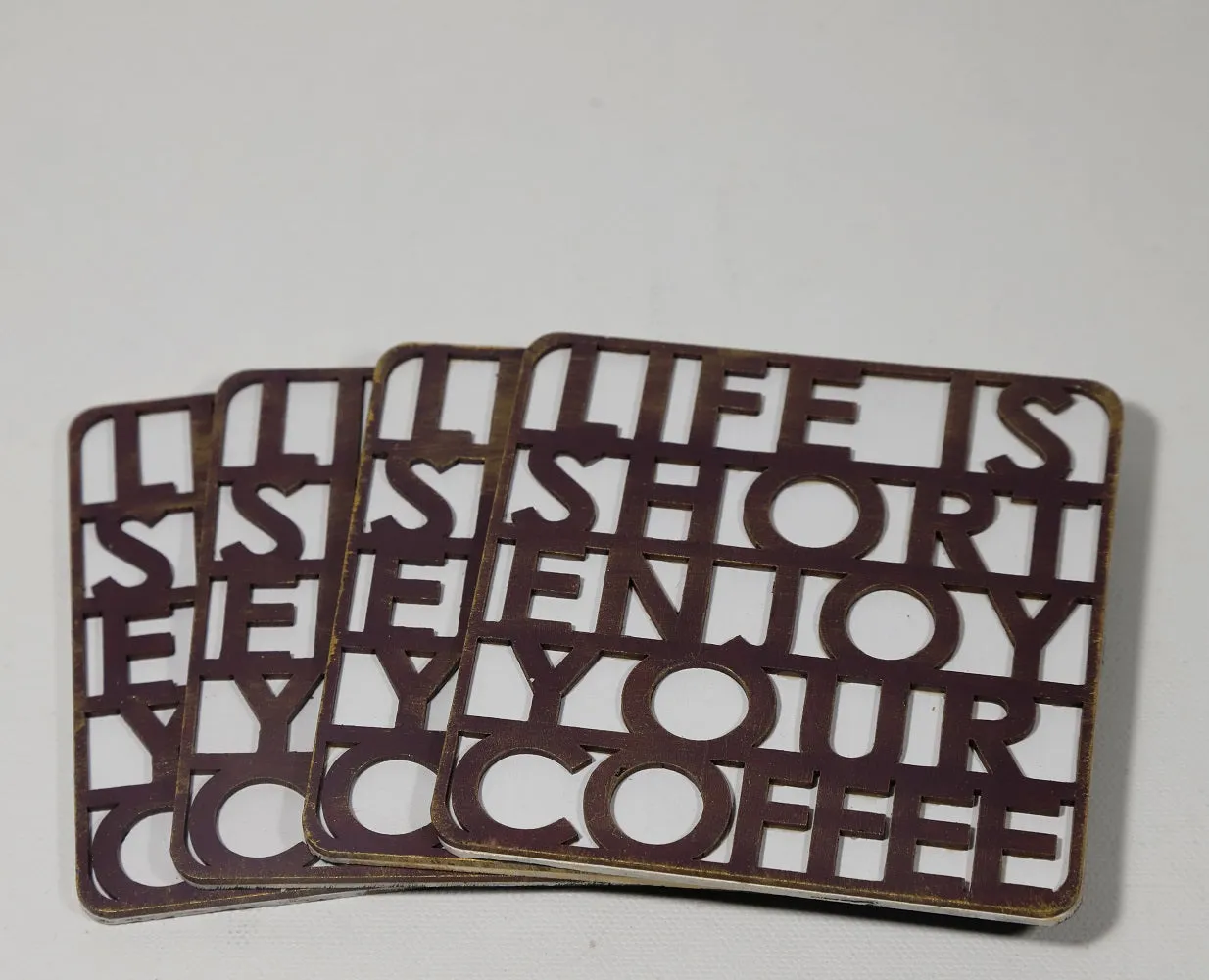 Life Is Short Enjoy Your Coffee White Wooden Coasters Set Of 4 (4x4 Inch)