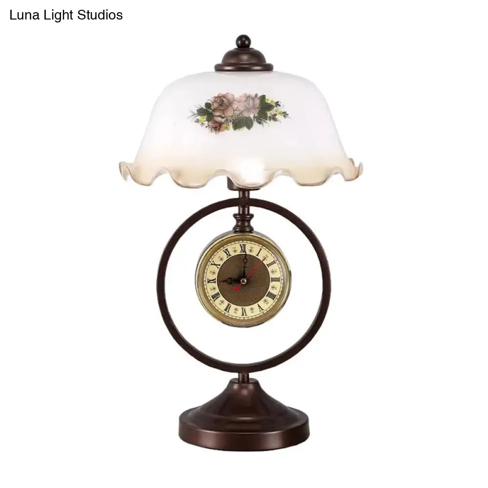 Nicole - Vintage Rust 1 Head Pleated Table Light Vintage Opaline Glass Dome Reading Book Lamp with Ring and Clock
