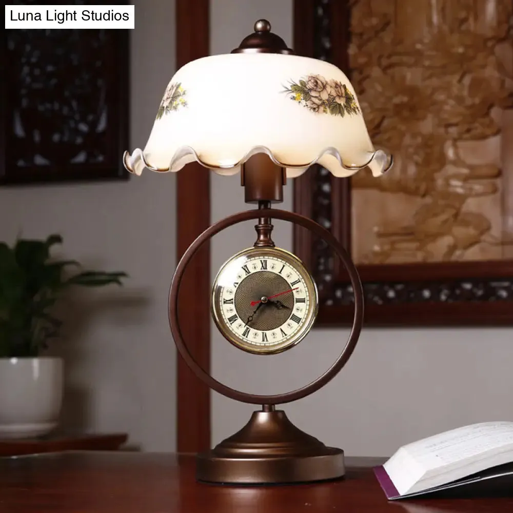 Nicole - Vintage Rust 1 Head Pleated Table Light Vintage Opaline Glass Dome Reading Book Lamp with Ring and Clock