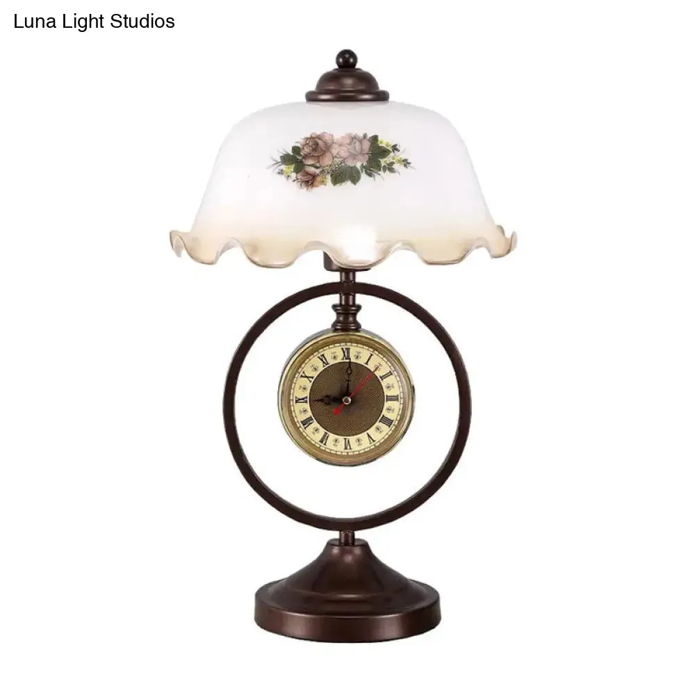 Nicole - Vintage Rust 1 Head Pleated Table Light Vintage Opaline Glass Dome Reading Book Lamp with Ring and Clock