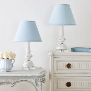 Pair of White Floral Lamp with Blue Taper Shade & Acrylic Base