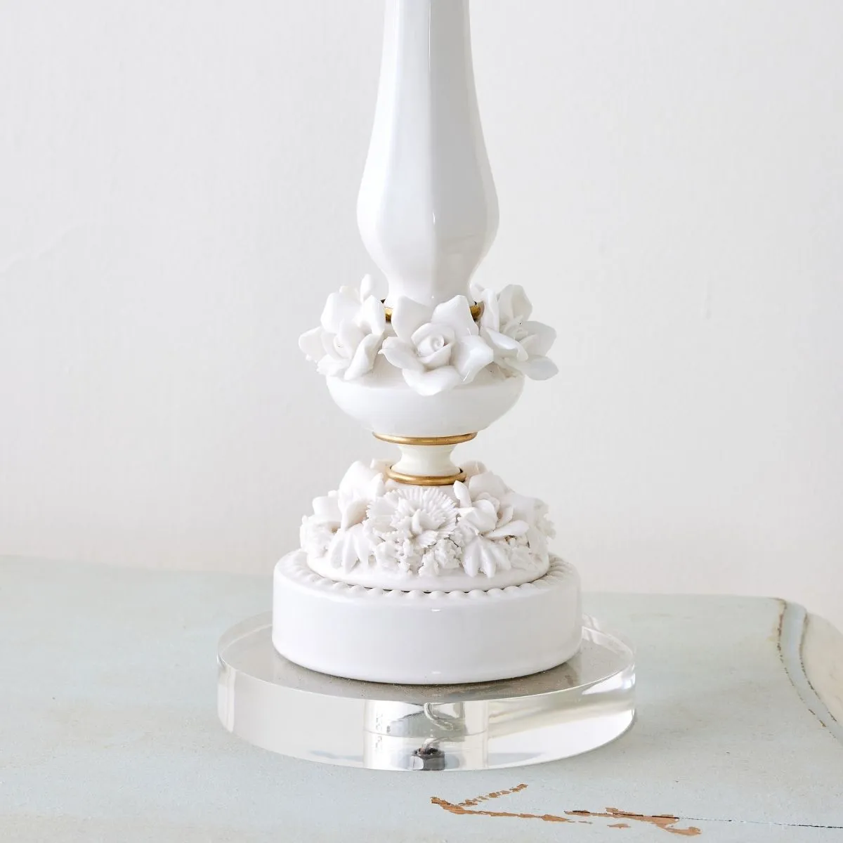Pair of White Floral Lamp with Blue Taper Shade & Acrylic Base
