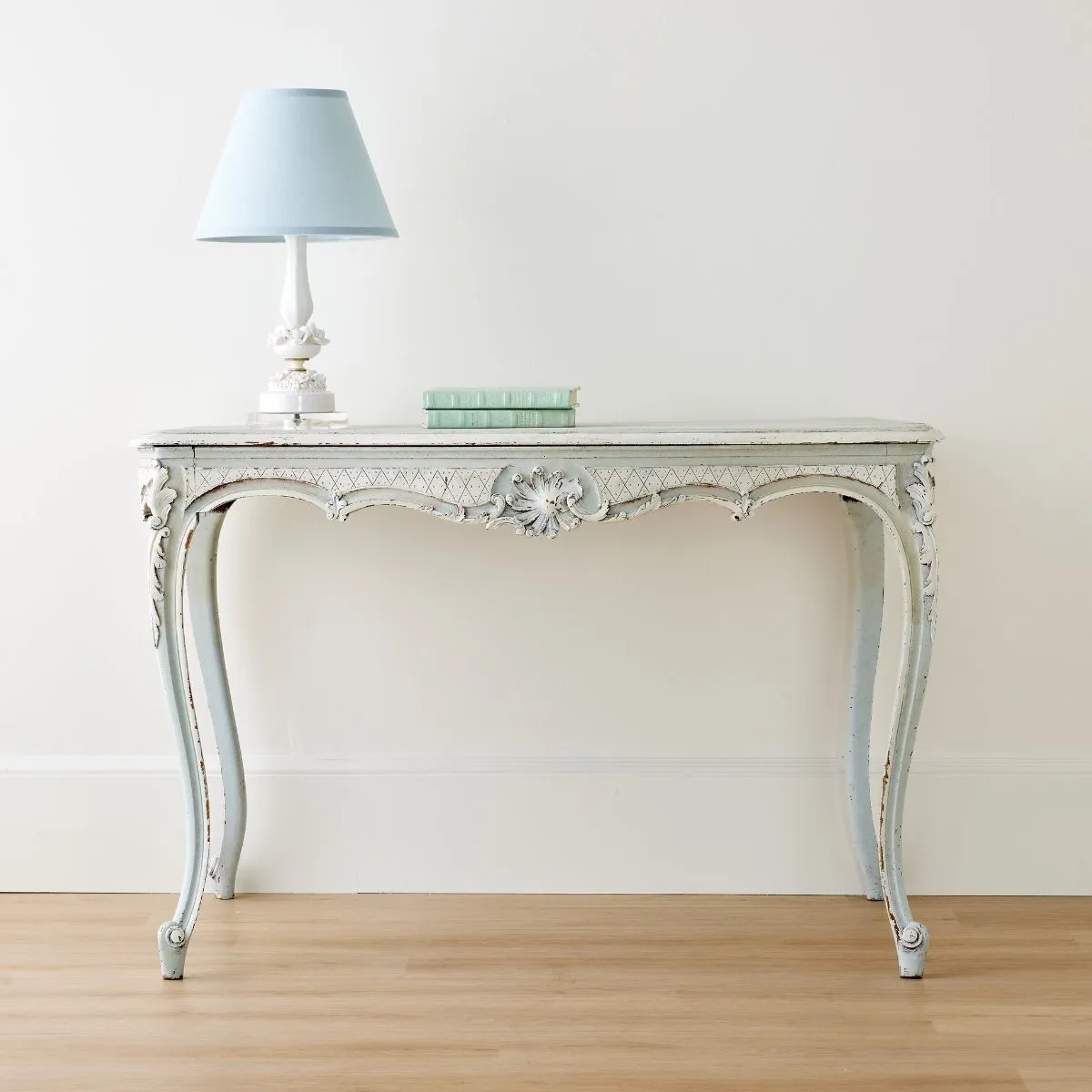 Pair of White Floral Lamp with Blue Taper Shade & Acrylic Base