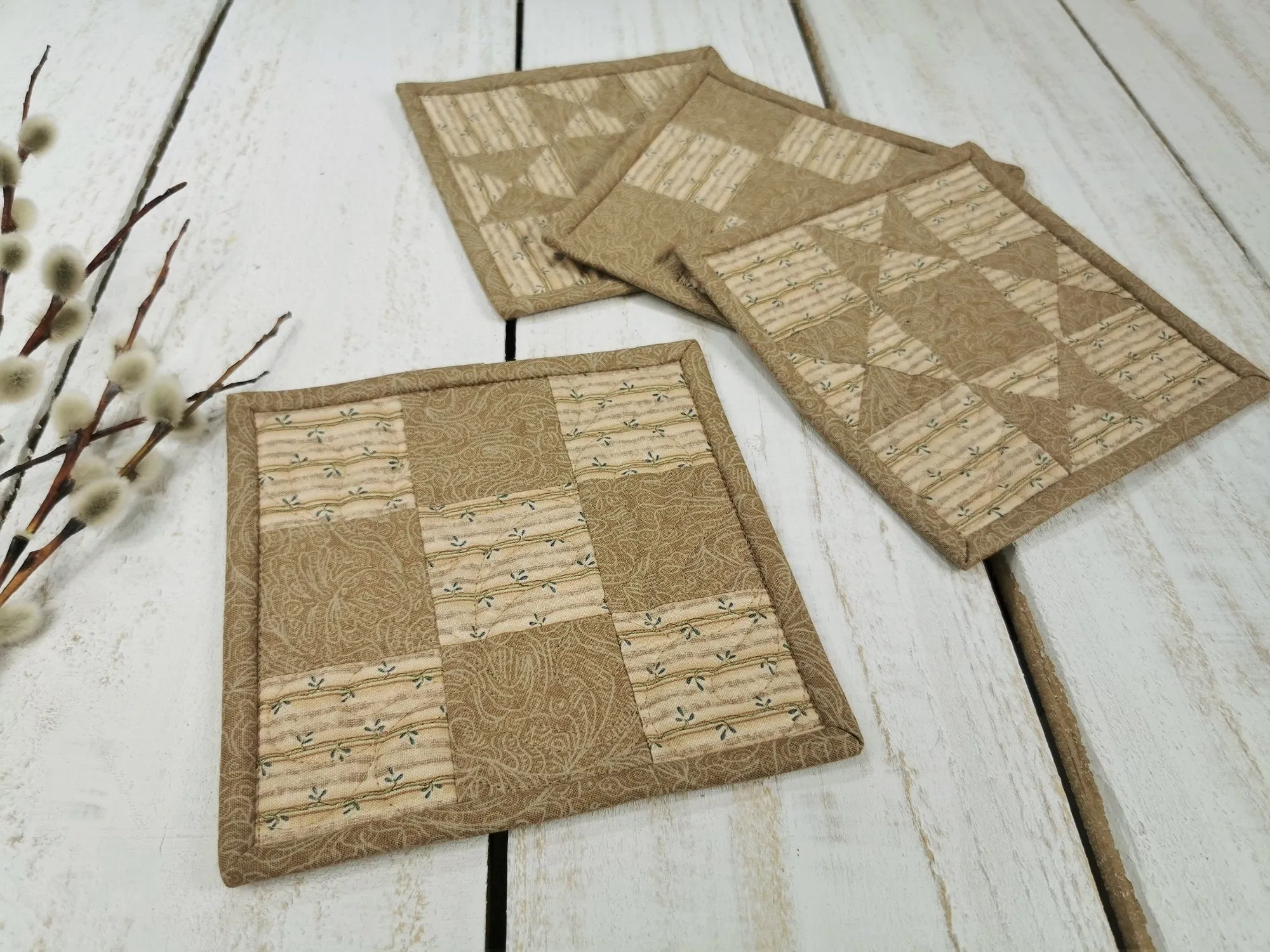 Patchwork Coasters, Neutral Mug Rug Set