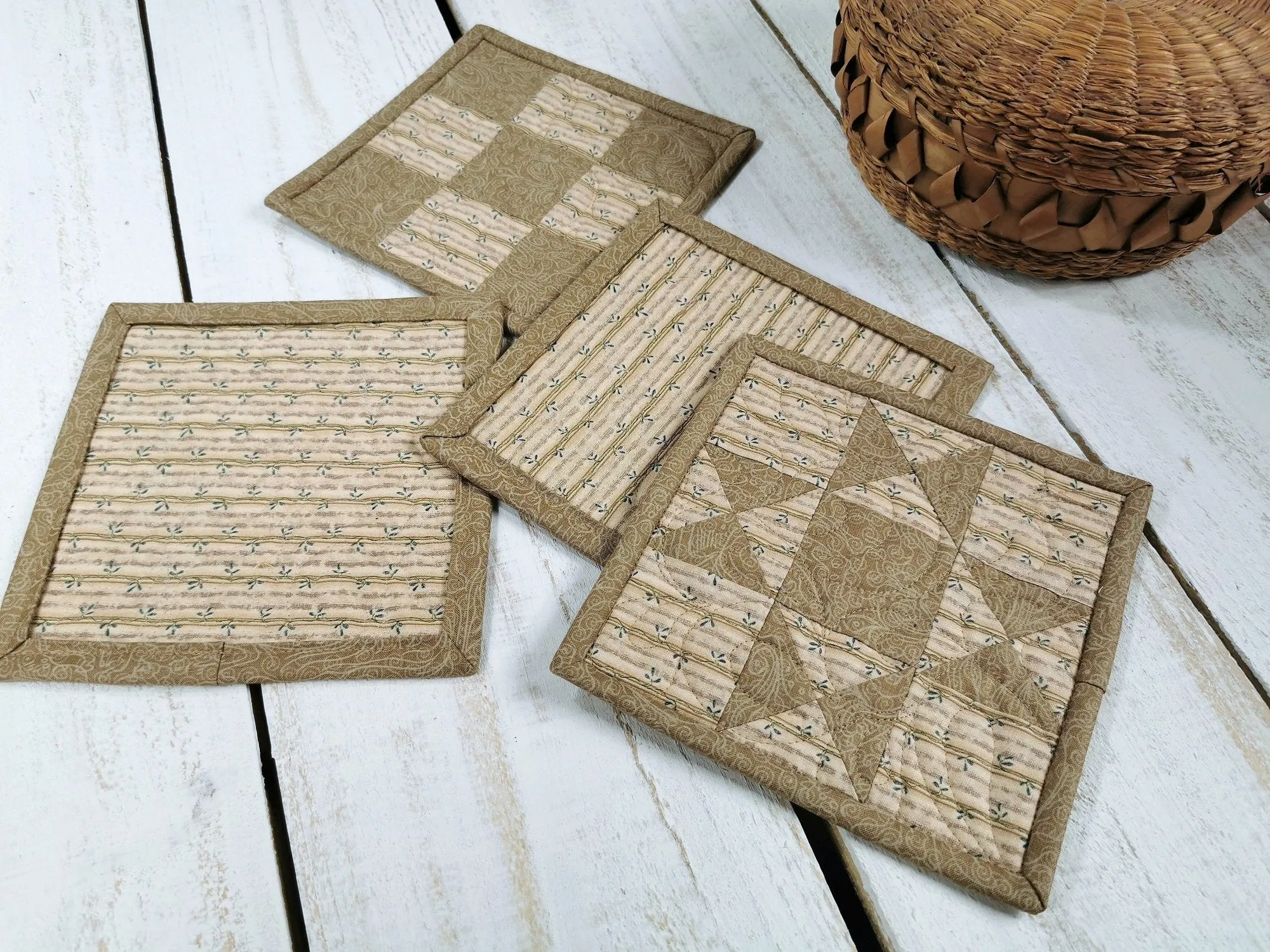 Patchwork Coasters, Neutral Mug Rug Set