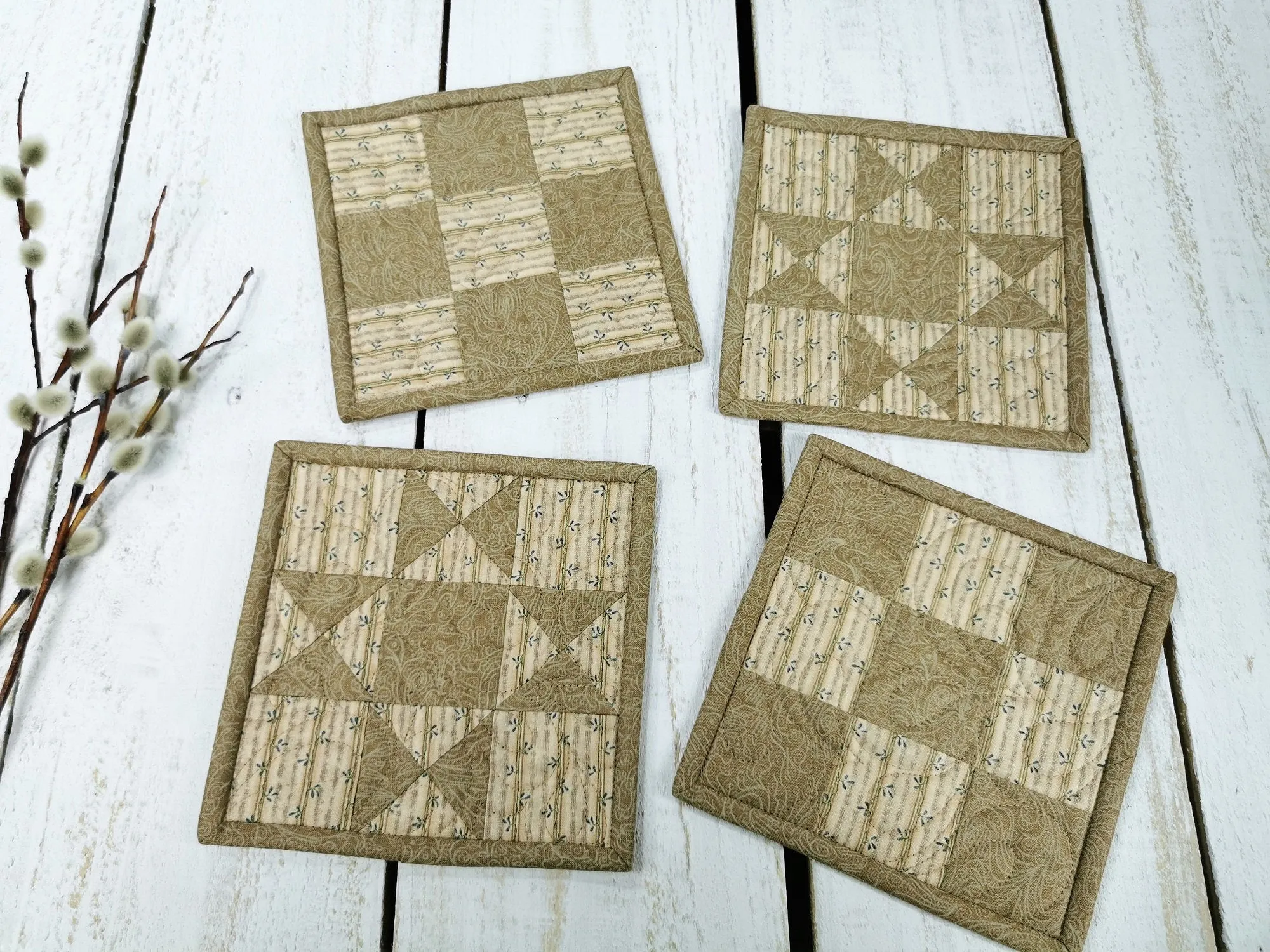 Patchwork Coasters, Neutral Mug Rug Set