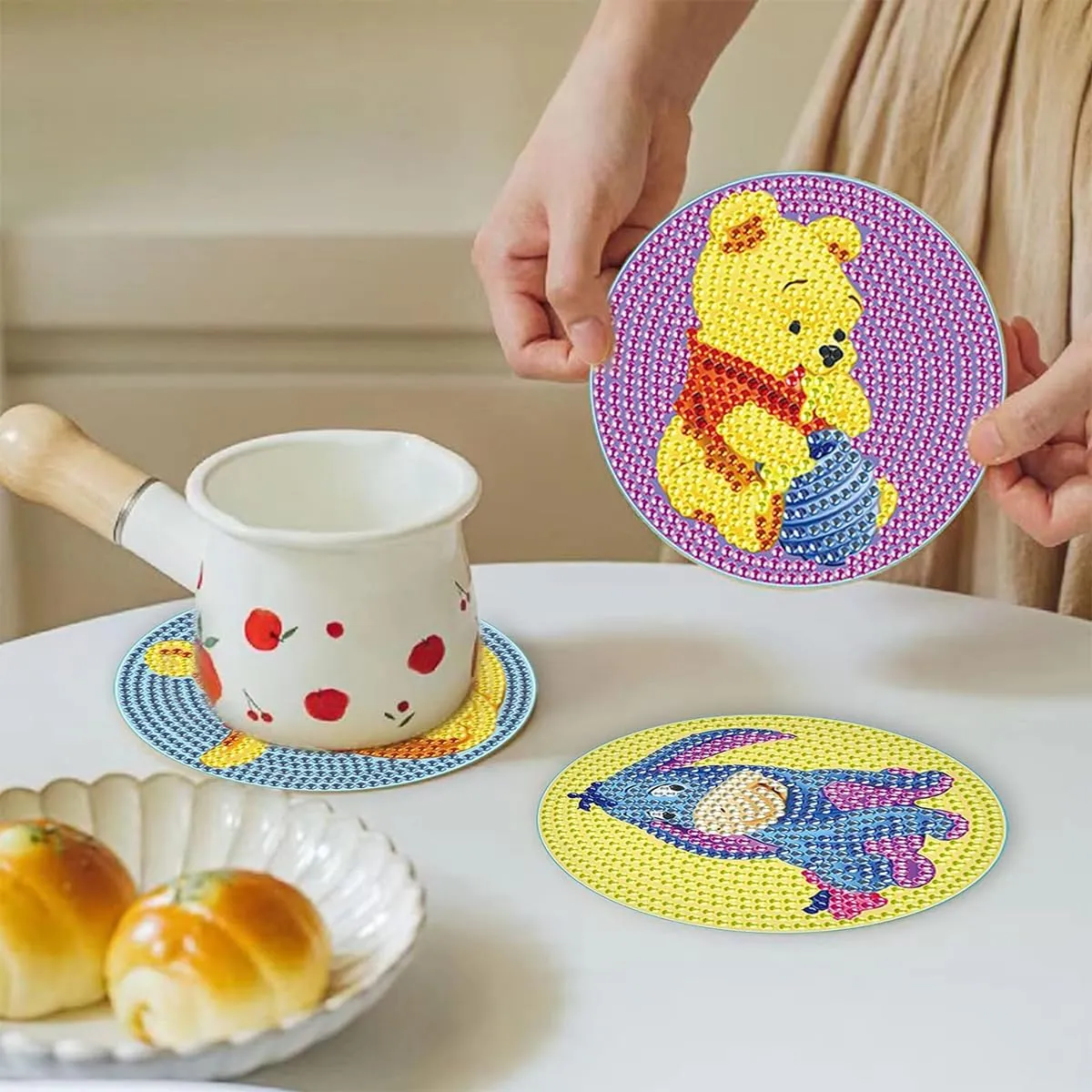 PATPAT® 5Pcs DIY Diamond Painting Kit Tea Coaster Set, Winnie the Pooh Cartoon Diamond Painting Coaster Set with Tools, Diamond Painting Coaster Diamond Painting Kit for Adults Kids Christmas Gifts