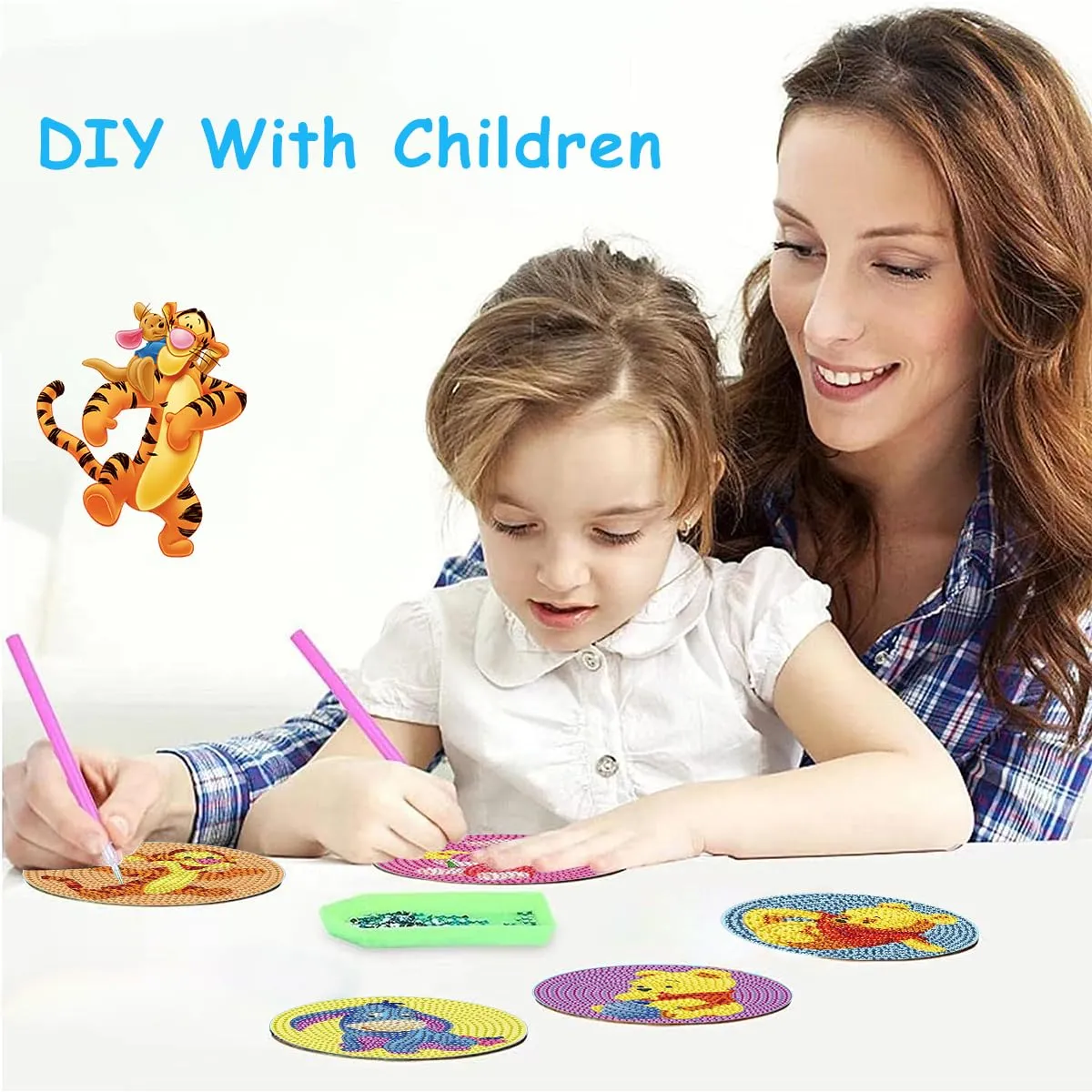 PATPAT® 5Pcs DIY Diamond Painting Kit Tea Coaster Set, Winnie the Pooh Cartoon Diamond Painting Coaster Set with Tools, Diamond Painting Coaster Diamond Painting Kit for Adults Kids Christmas Gifts